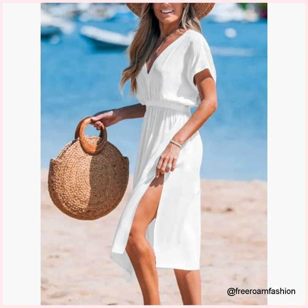 V-Neck Short Sleeve Midi Coverup Dress, 100% Rayon, Loose Fit, Beach Vacation